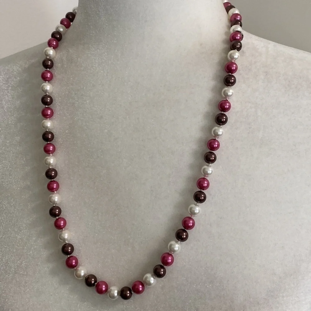 Genuine Freshwater Pearls Strand Necklace /Multicolor Pink Burgundy White